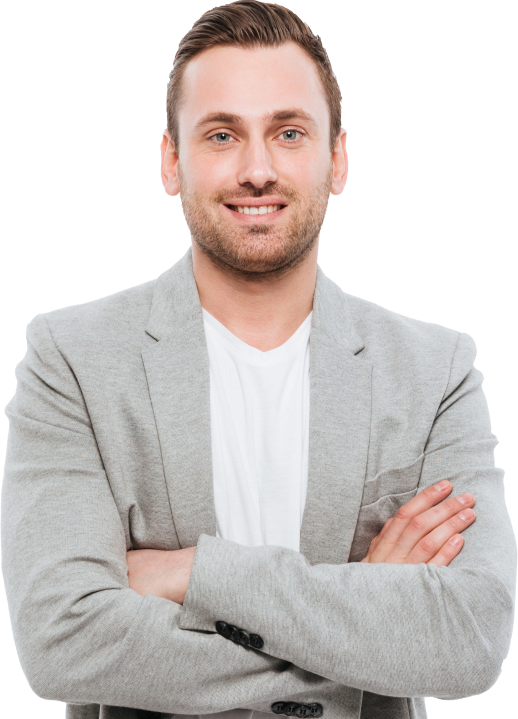 Smiling man in a grey blazer with arms crossed, symbolizing NCS Australia's dedication to client satisfaction and financial success