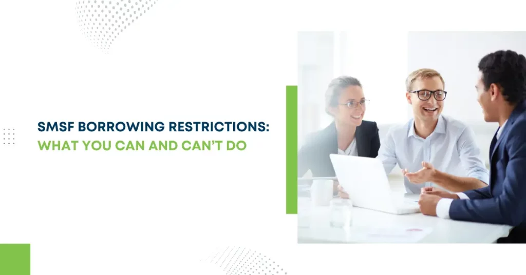 A professional group of three people sitting around a laptop discussing SMSF borrowing restrictions and the do's and don'ts in a bright office setting.