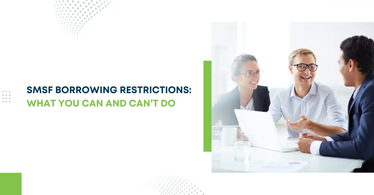 A professional group of three people sitting around a laptop discussing SMSF borrowing restrictions and the do's and don'ts in a bright office setting.