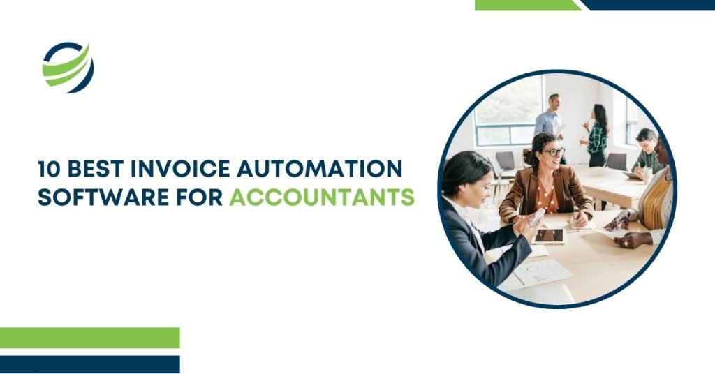 Business professionals discussing invoice software solutions in an office setting with text '10 Best Invoice Automation Software for Accountants