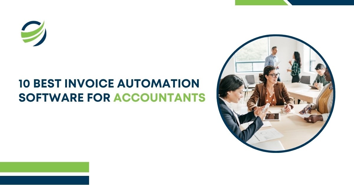 Business professionals discussing invoice software solutions in an office setting with text '10 Best Invoice Automation Software for Accountants