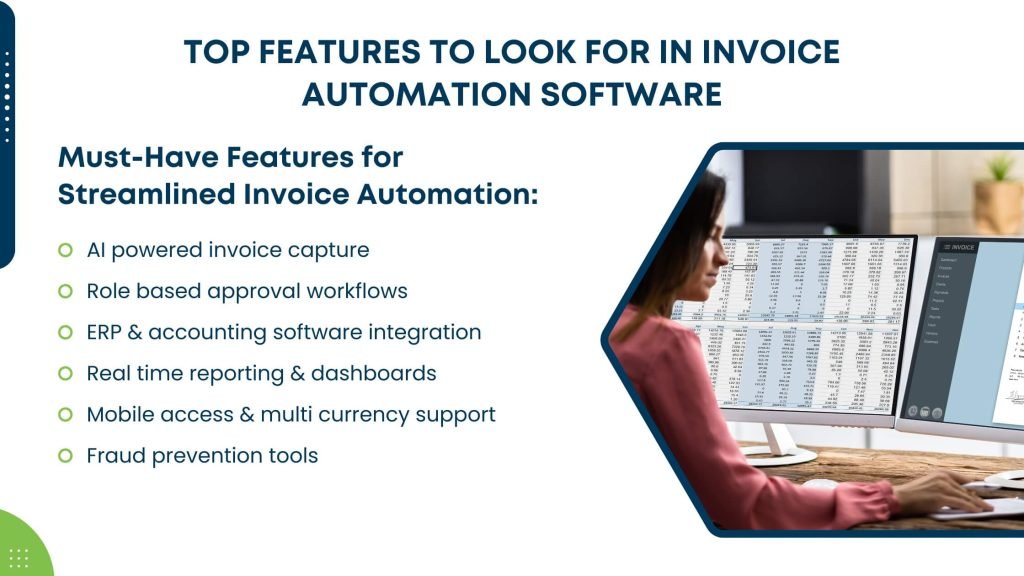 Woman working on invoice software with a list of top features like AI invoice capture, ERP integration, and fraud prevention tools