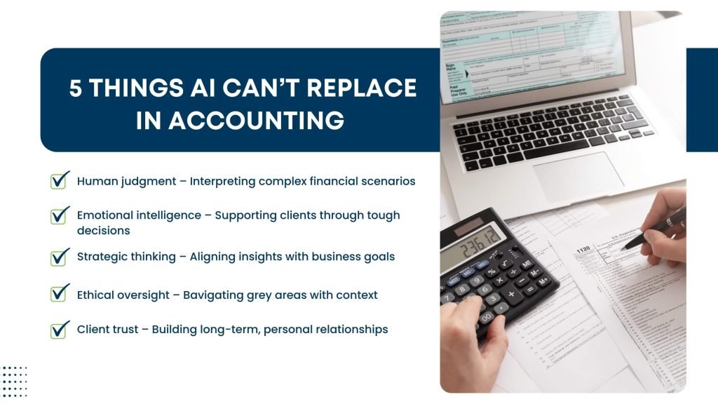 List of critical human skills in accounting that AI cannot replace, including judgment, emotional intelligence, and ethical oversight