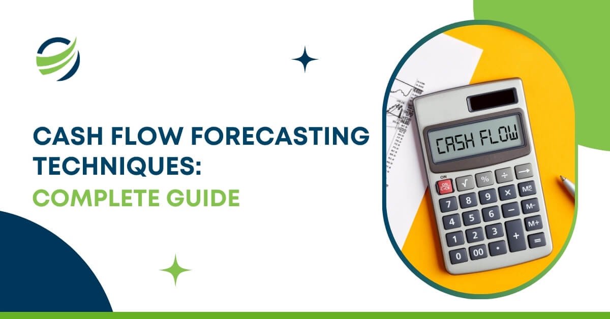Calculator displaying "Cash Flow" on screen with financial documents, representing cash flow forecasting guide.