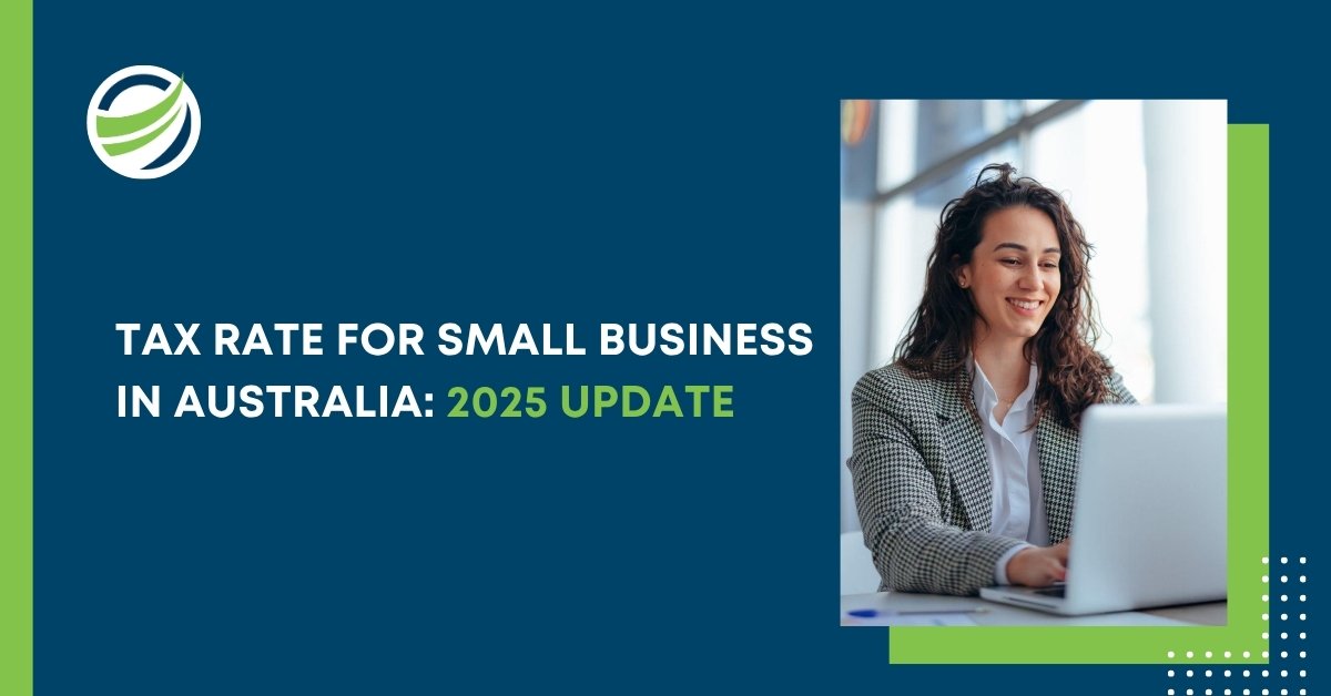 Professional woman smiling while using a laptop, with text about 2025 small business tax rate update in Australia.