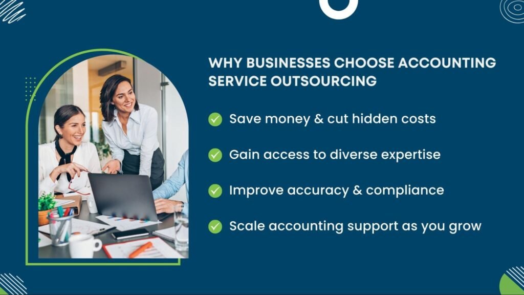 Why businesses choose accounting service outsourcing, highlighting cost savings, expertise, accuracy, and scalability.