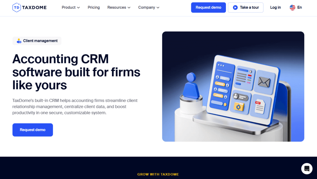 A TaxDome webpage promoting accounting CRM software for firms, featuring a 3D tablet interface and a "Request Demo" button.