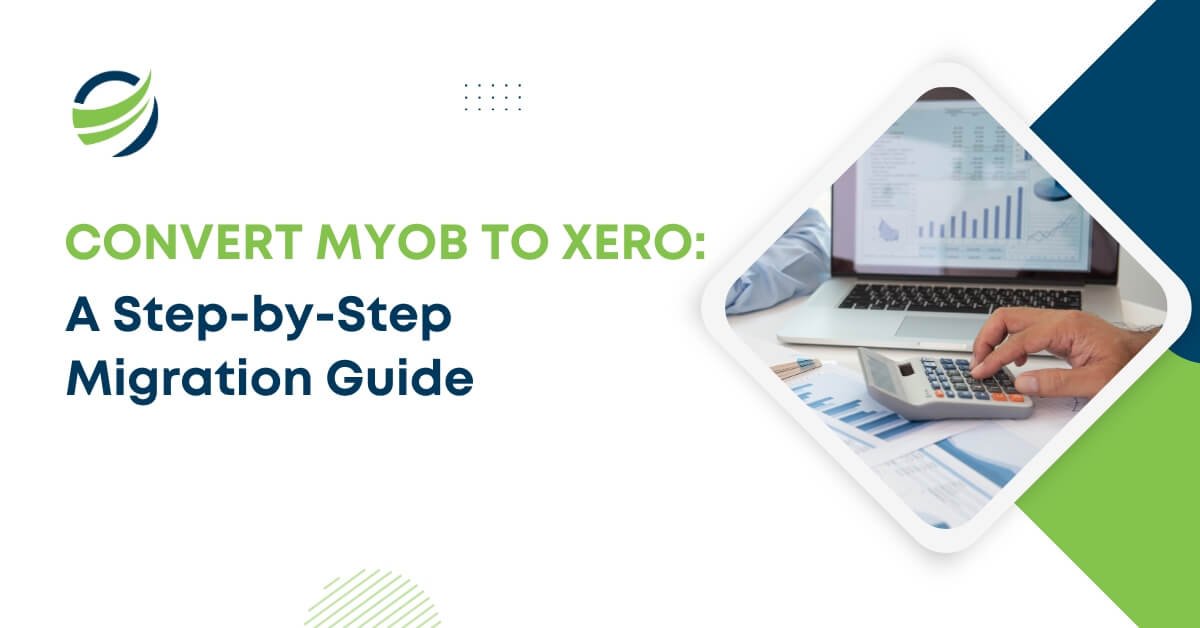 Step-by-step guide to convert MYOB to Xero with visual of data analysis and financial graphs on a laptop.