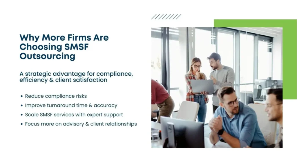 Team discussing business strategy with laptops in office – benefits of SMSF outsourcing for compliance and efficiency.