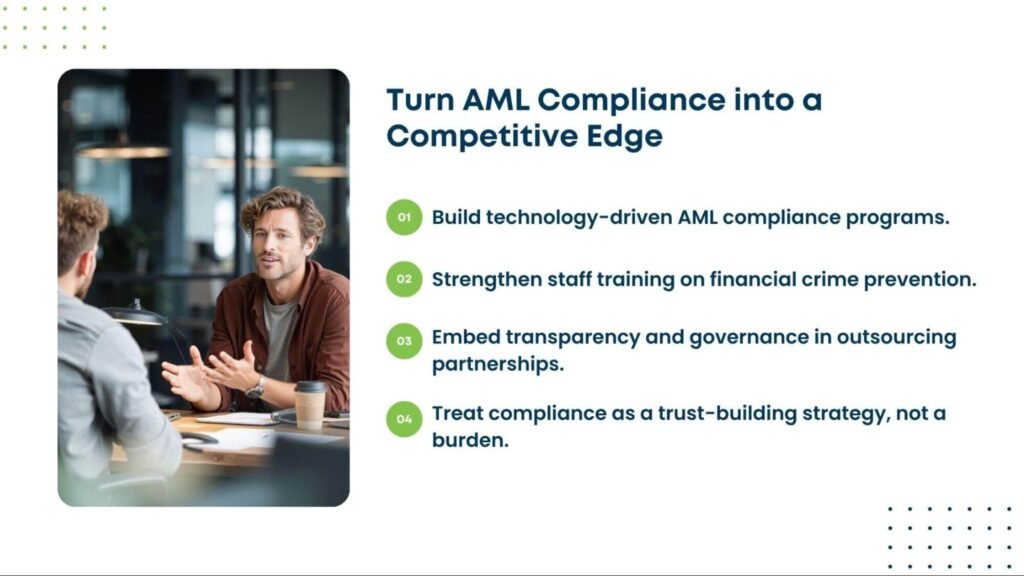 Two professionals discussing AML compliance strategy with list of key actions to build compliance as a competitive advantage.