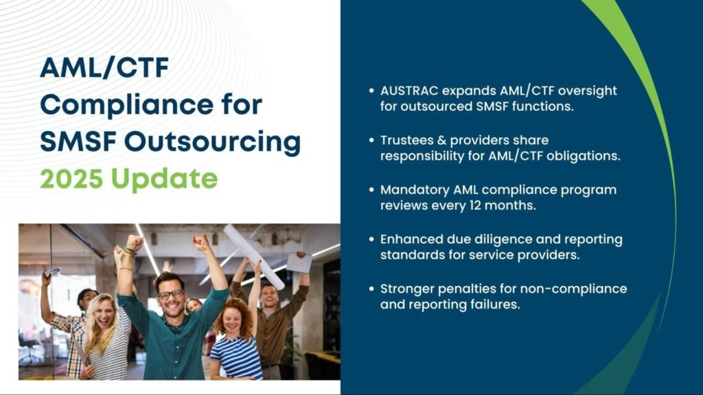 Team celebrating with text highlighting 2025 AML and CTF compliance updates for SMSF outsourcing, including oversight and reporting changes.