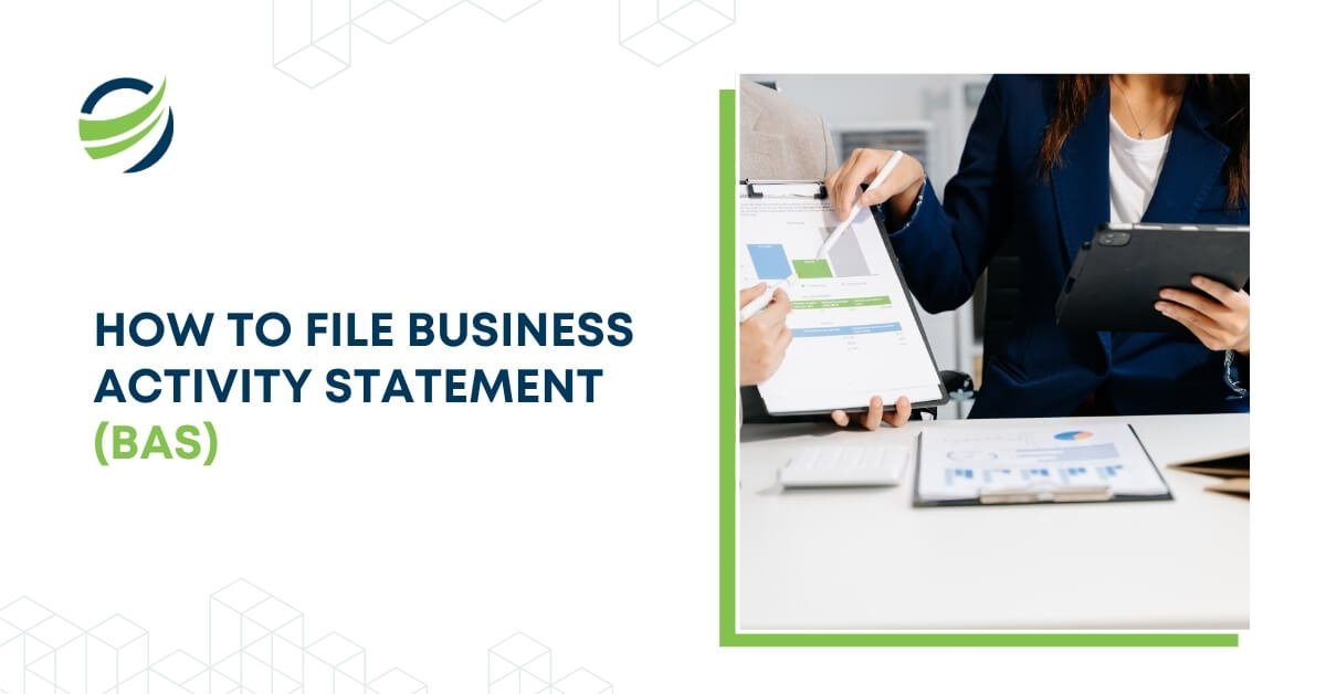 Business professionals reviewing financial documents on a tablet for filing a Business Activity Statement (BAS).