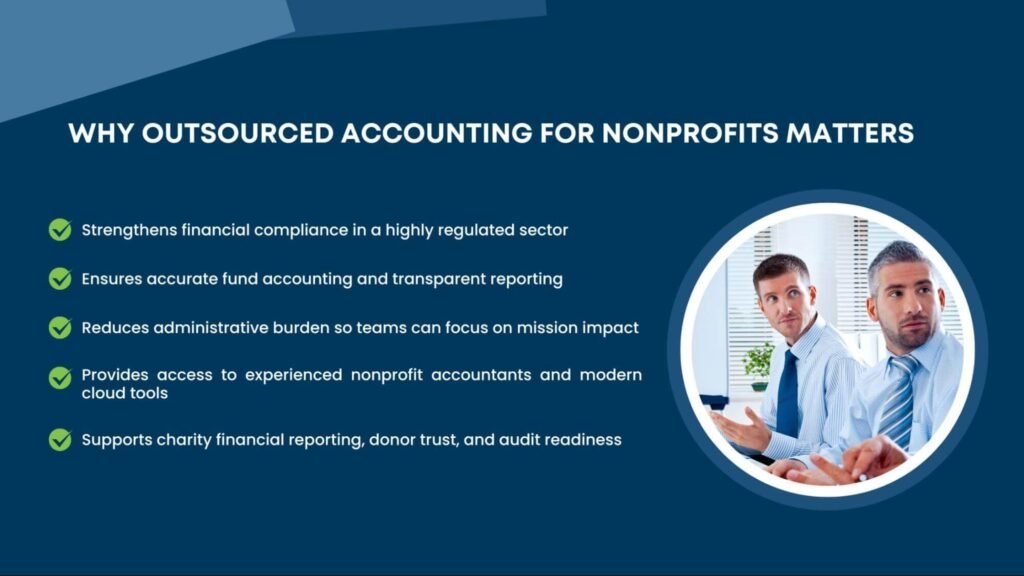 Benefits of outsourced accounting for nonprofits, with professionals collaborating on financial strategies for charity organizations.