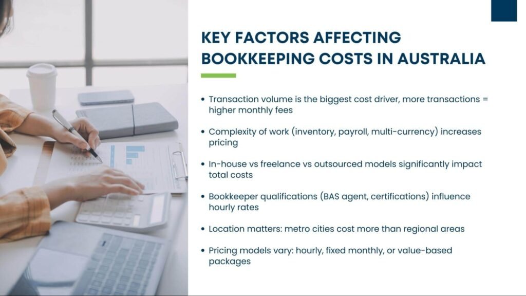 Key factors affecting bookkeeping costs in Australia with a person reviewing financial statements and using a calculator.