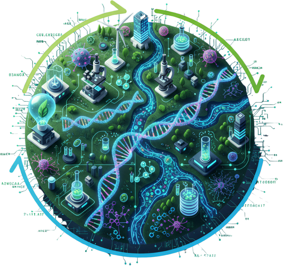 Futuristic life science illustration showing DNA strands, biotechnology labs, microscopes, and eco-innovation elements around a circular ecosystem.