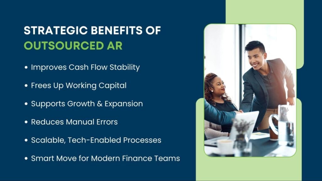 Strategic benefits of outsourced accounts receivable services, including improved cash flow stability, reduced manual errors, and scalable AR processes.
